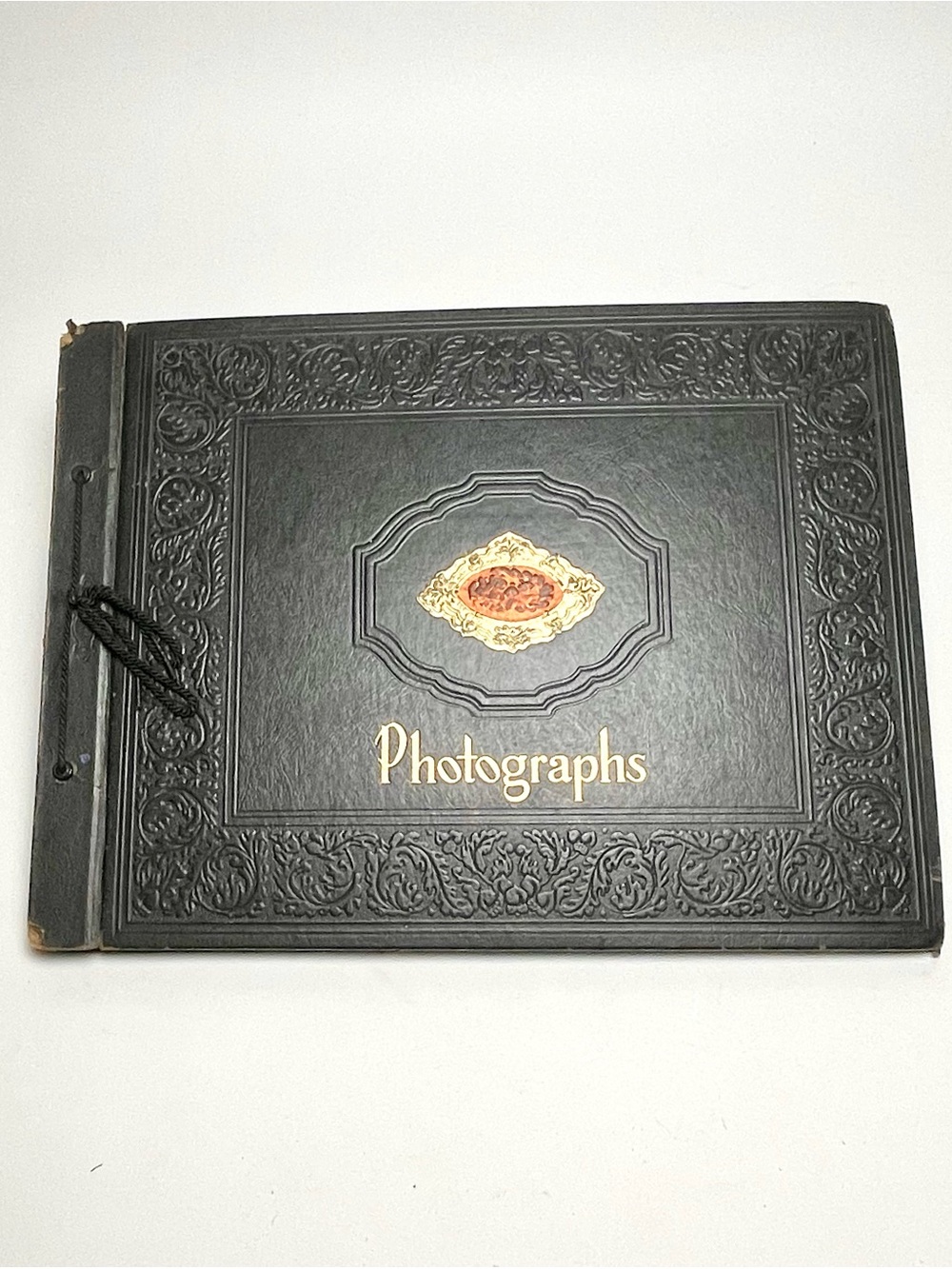 Vintage Large Black Ornate Embossed Leatherette Photo Album Tie Binding 15 x 11”